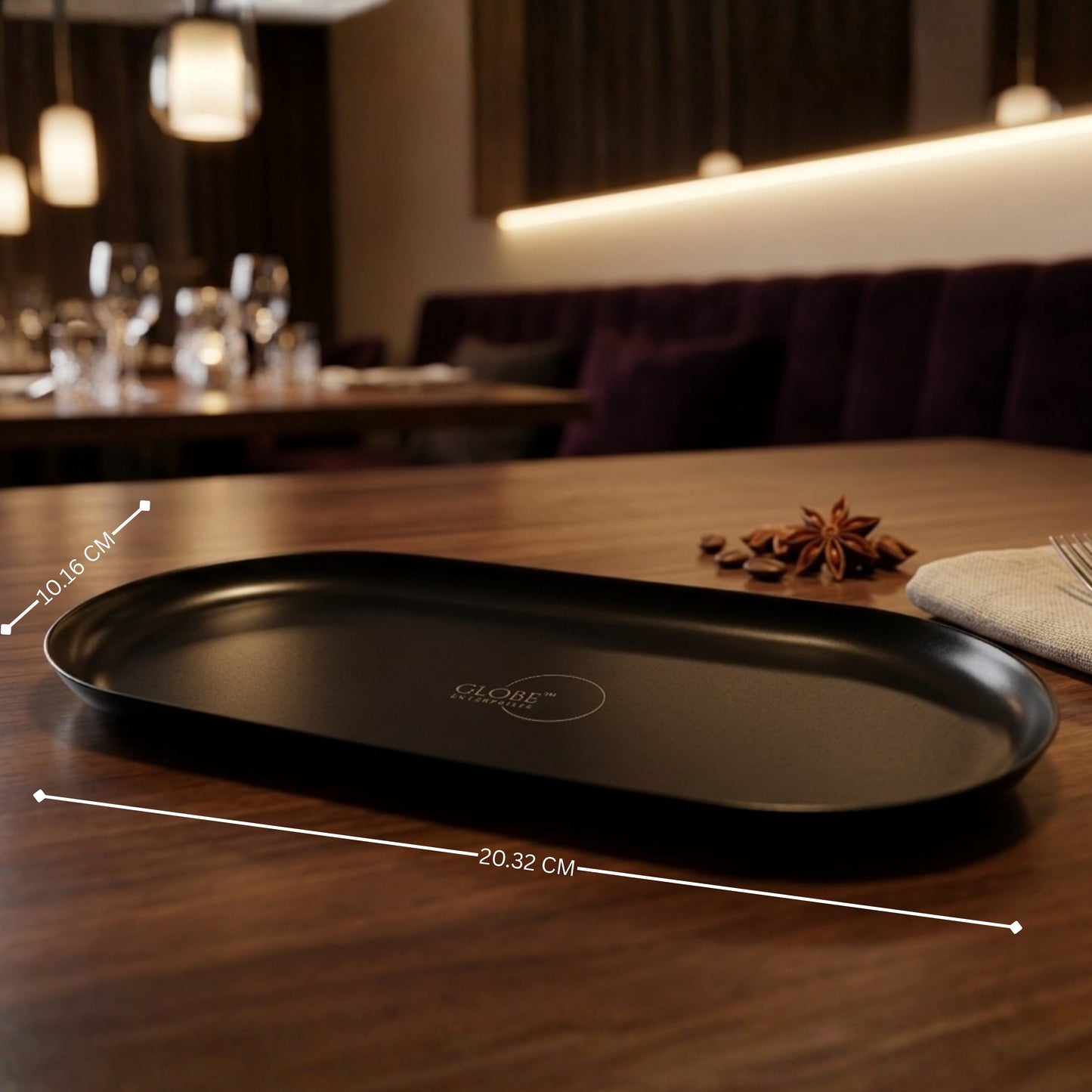 Modern Black Metal Oval Serving Tray | Premium Multipurpose Snack, Tea & Coffee Serving Plate | Decorative Vanity Organizer | 20.32 x 10.16 cm